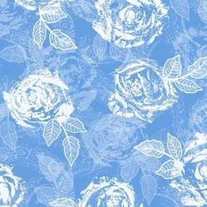 Rose Prints and Leaves w Layers on Cornflower Blue Lace Texture