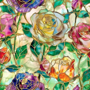Romantic Stained Glass Gold Lined Long Stem Colorful Rainbow Roses