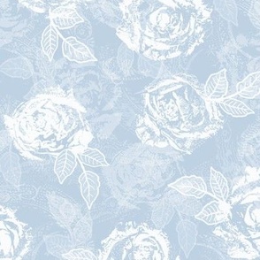 Rose Prints and Leaves w Layers on Fog Blue Lace Texture