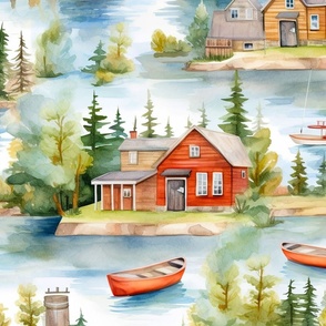 18inch Quilt Square -Lake Life Boating Cabins Lake Houses