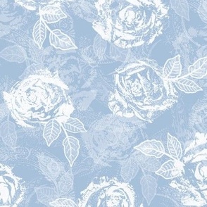Rose Prints and Leaves w Layers on Sky Blue Lace Texture