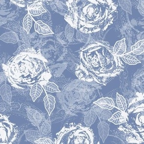 Rose Prints and Leaves w Layers on Dusty Blue Lace Texture