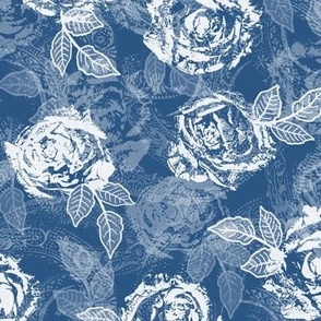 Rose Prints and Leaves w Layers on Aegean Blue Lace Texture
