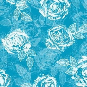 Rose Prints and Leaves w Layers on Caribbean Blue Lace Texture