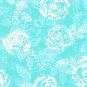 Rose Prints and Leaves w Layers on Aqua Lace Texture
