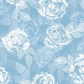 Rose Prints and Leaves w Layers on Light Aegean Blue Lace Texture