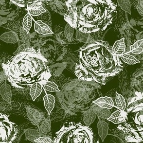 Rose Prints and Leaves w Layers on Dark Moss Green Lace Texture