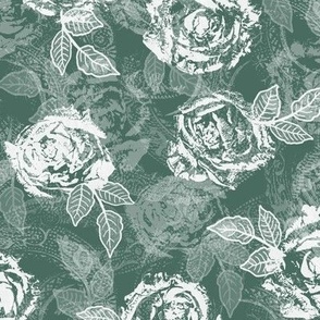 Rose Prints and Leaves w Layers on Pine Green Lace Texture