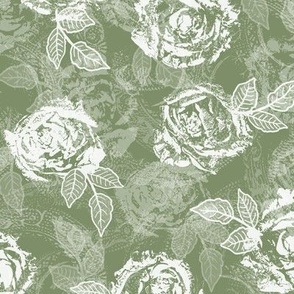 Rose Prints and Leaves w Layers on Moss Green Lace Texture