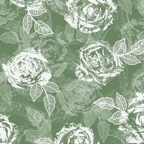 Rose Prints and Leaves w Layers on Sage Green Lace Texture