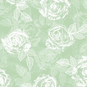 Rose Prints and Leaves w Layers on Light Sage Green Lace Texture