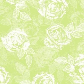 Rose Prints and Leaves w Layers on Honeydew Lace Texture
