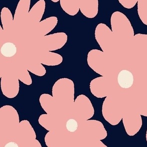 Groovy Floral - Navy with Pink Floral Illustrations