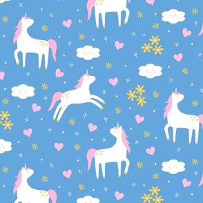 Cute unicorns in blue background 