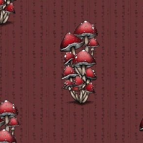Red And White Mushrooms Stripes on Dark Red