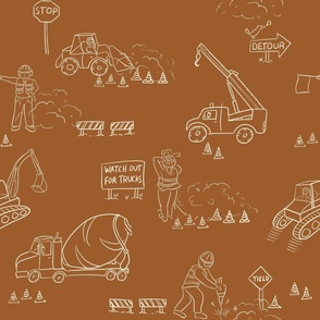 Construction Zone Ahead! Color: Brown. Large Scale 16X16 inch repeat. Playful, hand-drawn line work. 