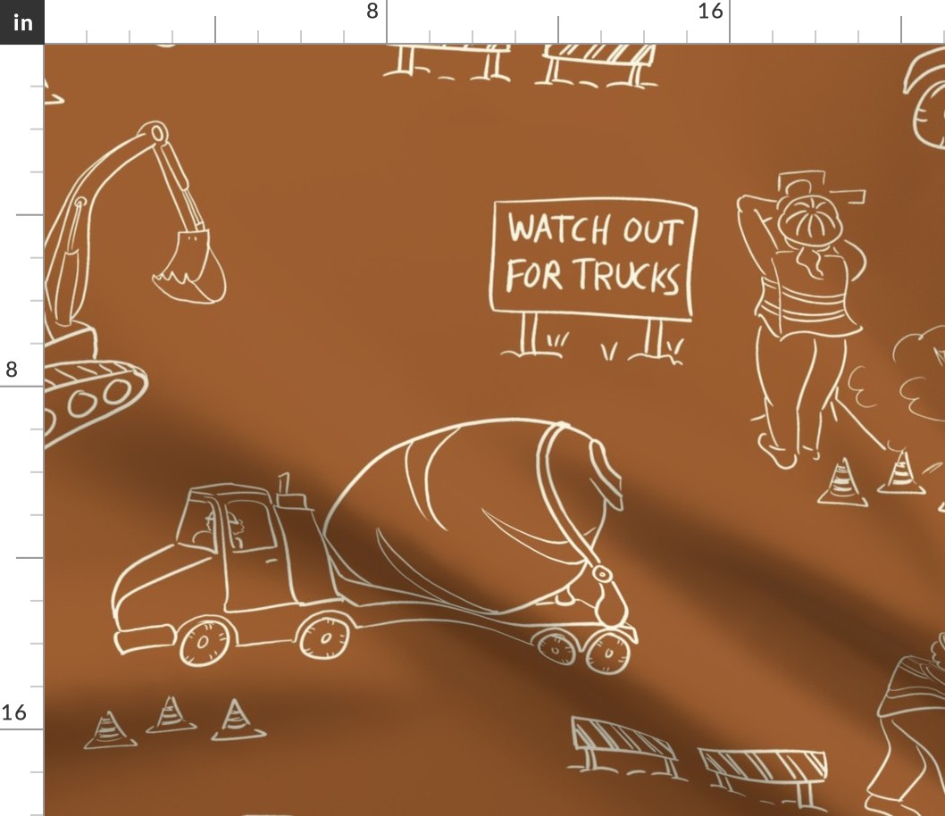 Construction Zone Ahead! Color: Brown. Large Scale 16X16 inch repeat. Playful, hand-drawn line work. 