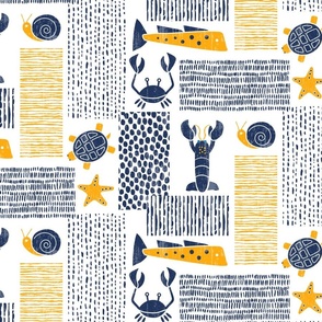 Abstract Beach Towels-Sea Animals -Nautical Summer- Navy and Gold -Faux Texture-Medium Scale