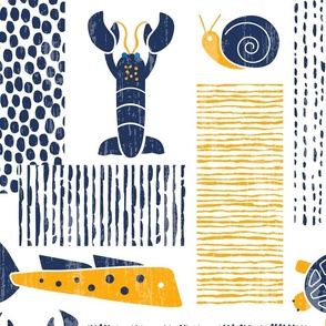 Abstract Beach Towels-Sea Animals -Nautical Summer- Navy and Gold -Faux Texture-Large Scale Half Drop