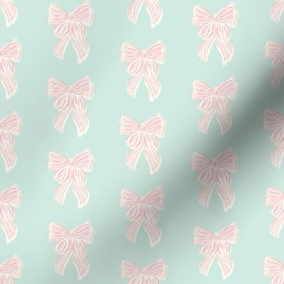 Hand drawn Pink Coquette Bow on Mint Green