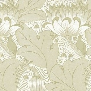 1893 Vintage Birds, Acanthus, and Tulips by Louis Foreman Day in Sage Green - Coordinate