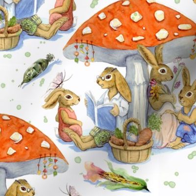 (L) Rabbit family under the mushroom - watercolour.