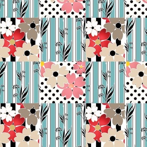 patchwork of square scraps of floral and striped fabric pink and blue 