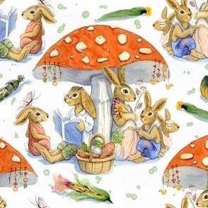 (M) Rabbit family under the mushroom - watercolour.