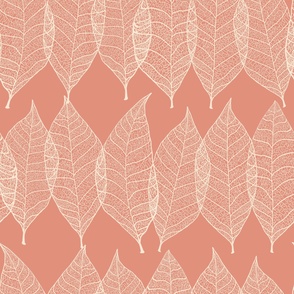 Rows of Leaf Vein Skeletons- Warm Minimalism Cream on Peach. Large Scale 