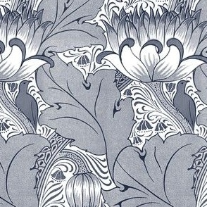 1893 Vintage Birds, Acanthus, and Tulips by Louis Foreman Day in Prussian Blue - Coordinate