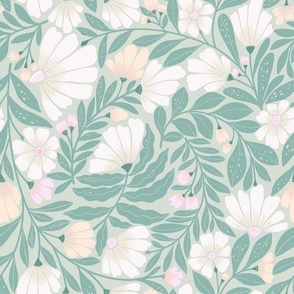 (M)- Wild  Daisy and Chrysanthemum-Vintage Floral Flowers-Pastels Green-Orange-White