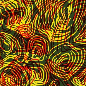 Curve stripes, animal texture, abstract shapes: green, yellow, red