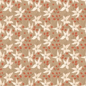 Big artistic flowers. Floral beige ornamnet and red berry