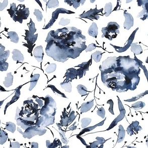 large - Blue roses floral daze - hand painted indigo blue flowers on pure white