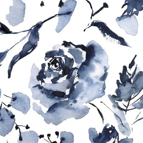 xl - Blue roses floral daze - hand painted indigo blue flowers on pure white