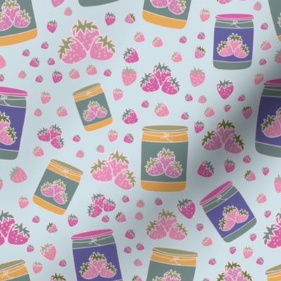 light blue background with hand drawn jam jars and strawberries pattern