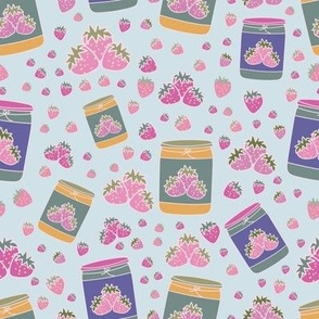 light blue background with hand drawn jam jars and strawberries pattern