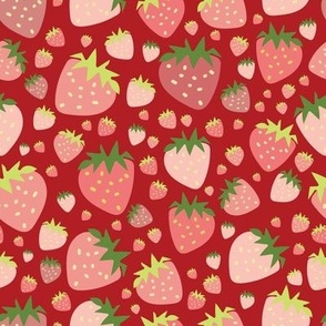 red background with hand drawn pink strawberries pattern