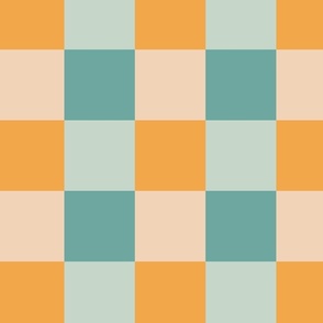 Kitsch retro checkerboard mustard, teal and beige (large)