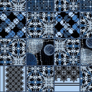 Monochrome patchwork pattern. Black, blue, white texture.