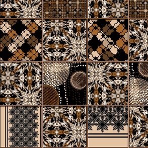 Monochrome patchwork pattern. Beige, brown, black texture. Dark background.