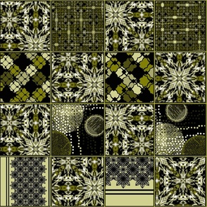 Monochrome patchwork pattern. Black, olive, white texture. Dark background.