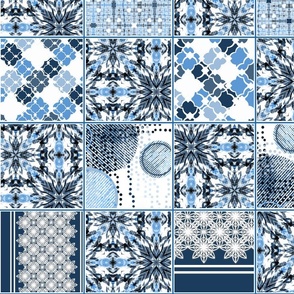 Monochrome patchwork pattern. Black, blue, white texture. Light background.