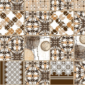 Monochrome patchwork pattern. Beige, brown, white texture. Light background.