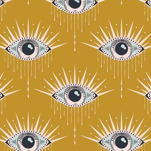 (M) Occult evil eye in art deco style on mustard yellow