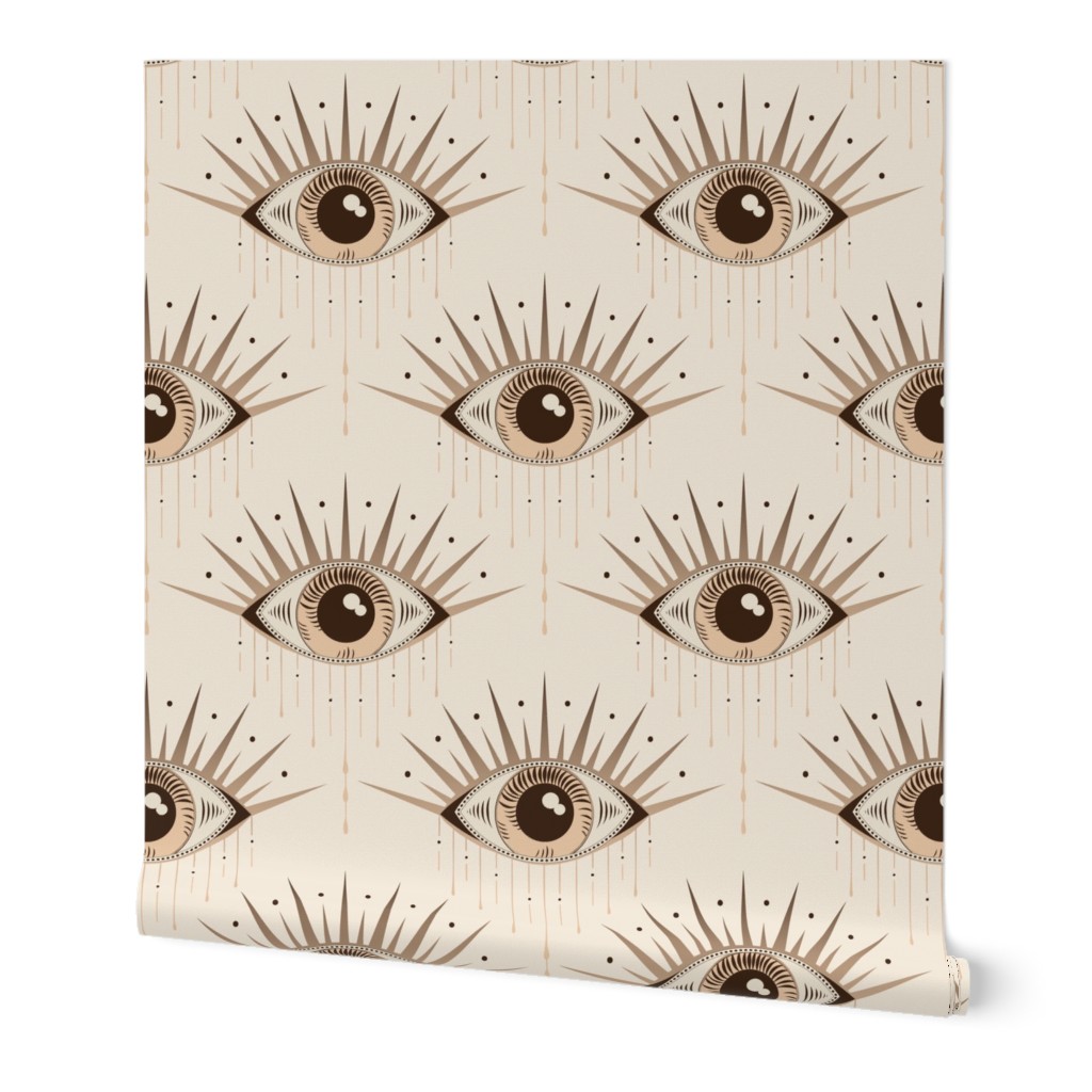 (L) Occult evil eye art deco wallpaper in warm coffee and cream