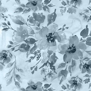 Watercolor florals monochromatic in dusty blue Medium scale