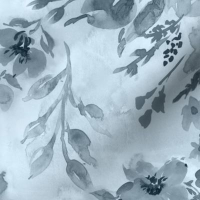 Watercolor florals monochromatic in dusty blue Large scale