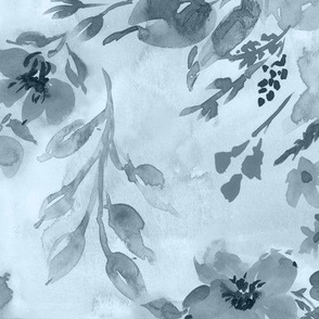 Watercolor florals monochromatic in dusty blue Large scale