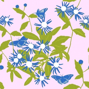 Miniature Daisies And Butterflies Floral Pattern In Navy White And Green on Pretty Pastel Pink Grandmillennial Wildflower Meadow Field Flowers